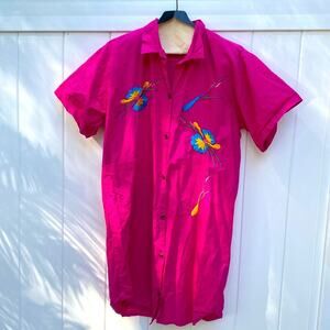 Vintage Embroidered Pink Collared Button Down Midi Dress